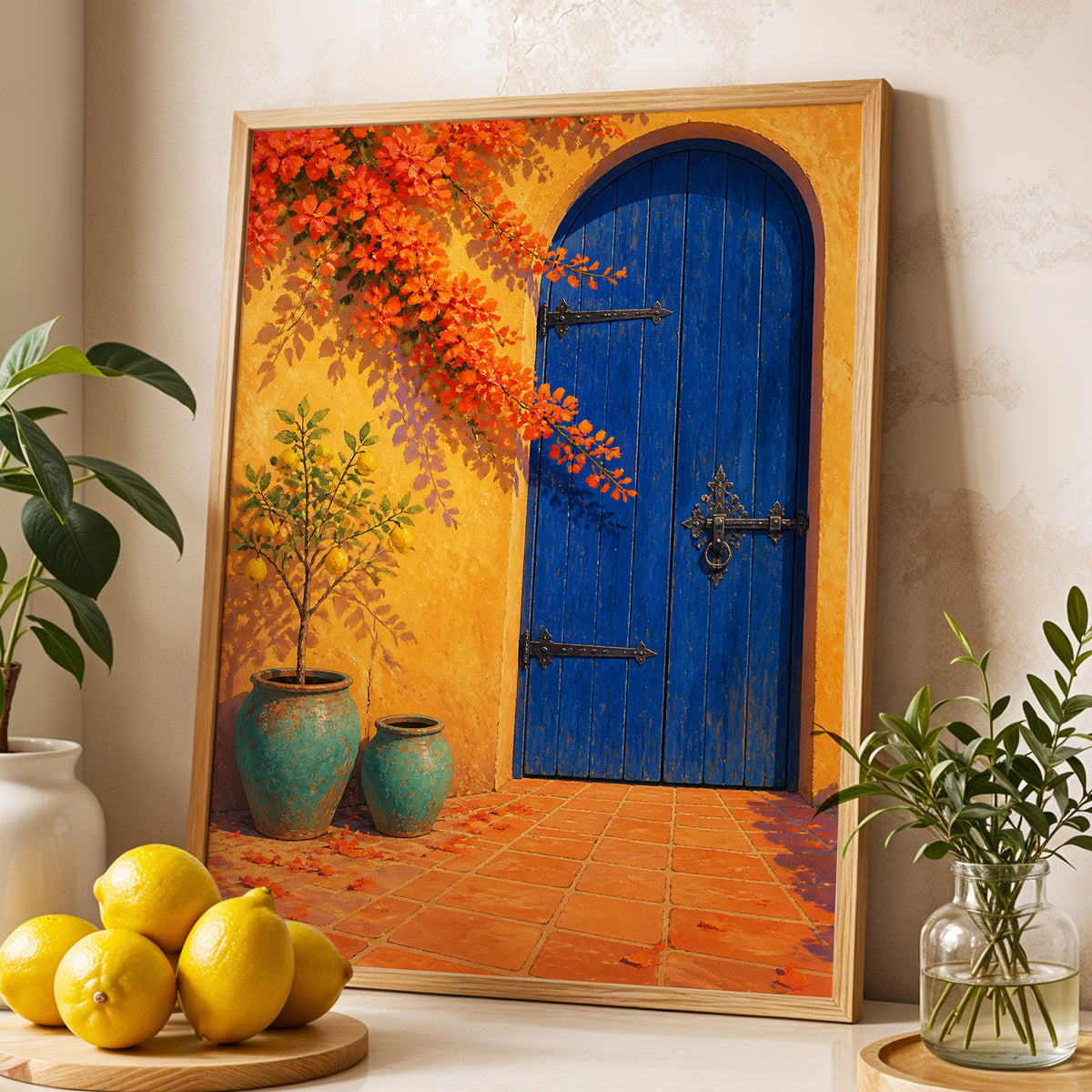 The Cobalt Courtyard, blue, orange, yellow abstract wall art displayed in a styled interior, gallery view 2