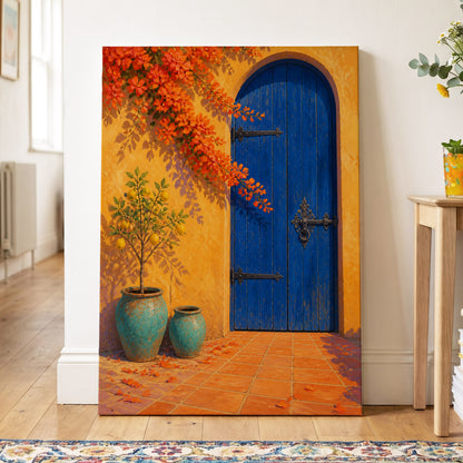 The Cobalt Courtyard, blue, orange, yellow abstract wall art displayed in a styled interior, gallery view 3