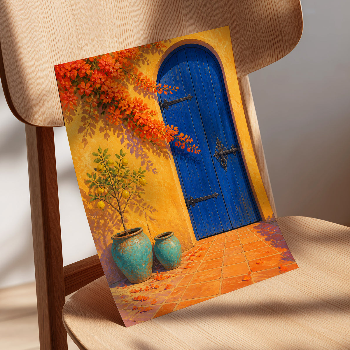 The Cobalt Courtyard, blue, orange, yellow abstract wall art displayed in a styled interior, gallery view 5