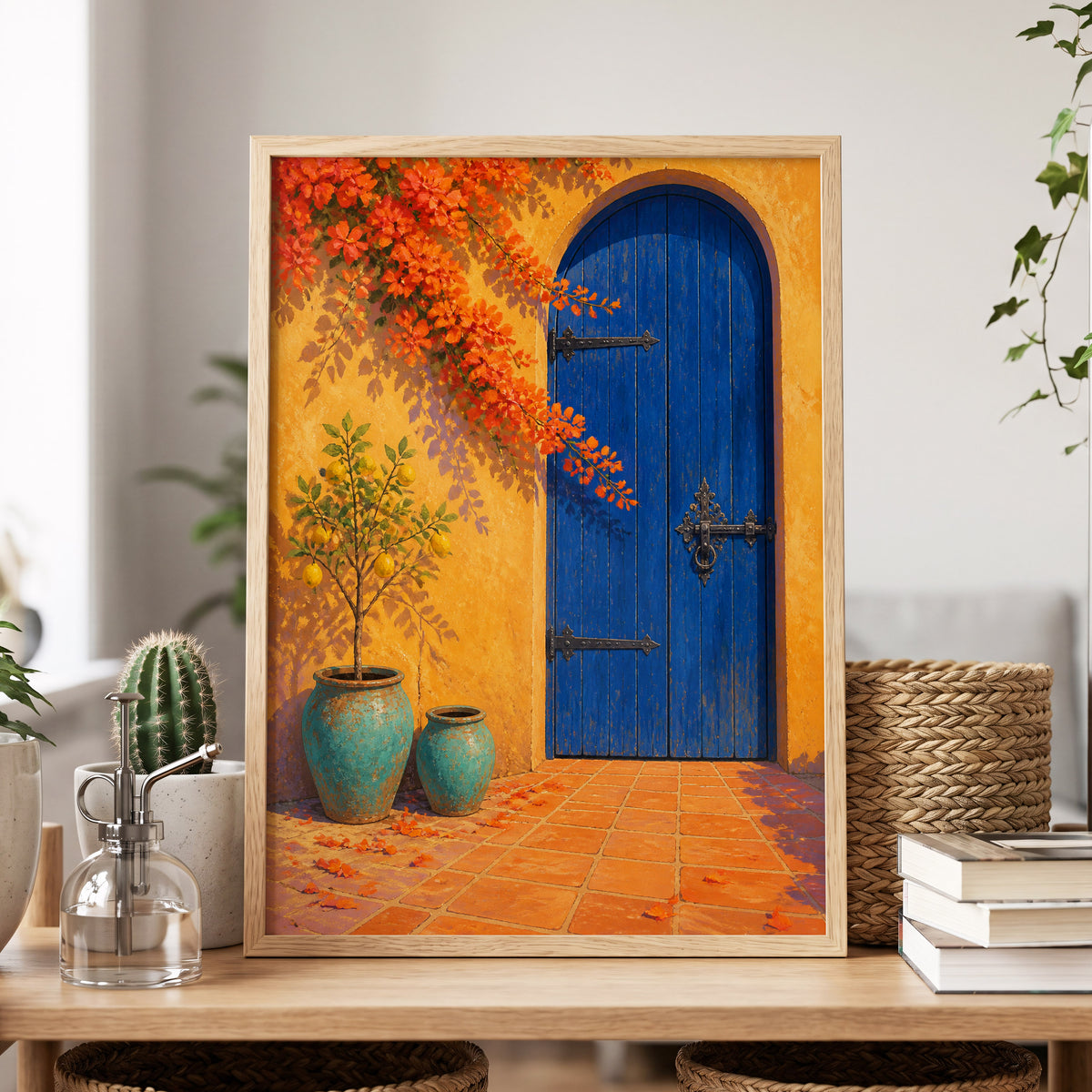 The Cobalt Courtyard, blue, orange, yellow abstract wall art displayed in a styled interior, gallery view 6