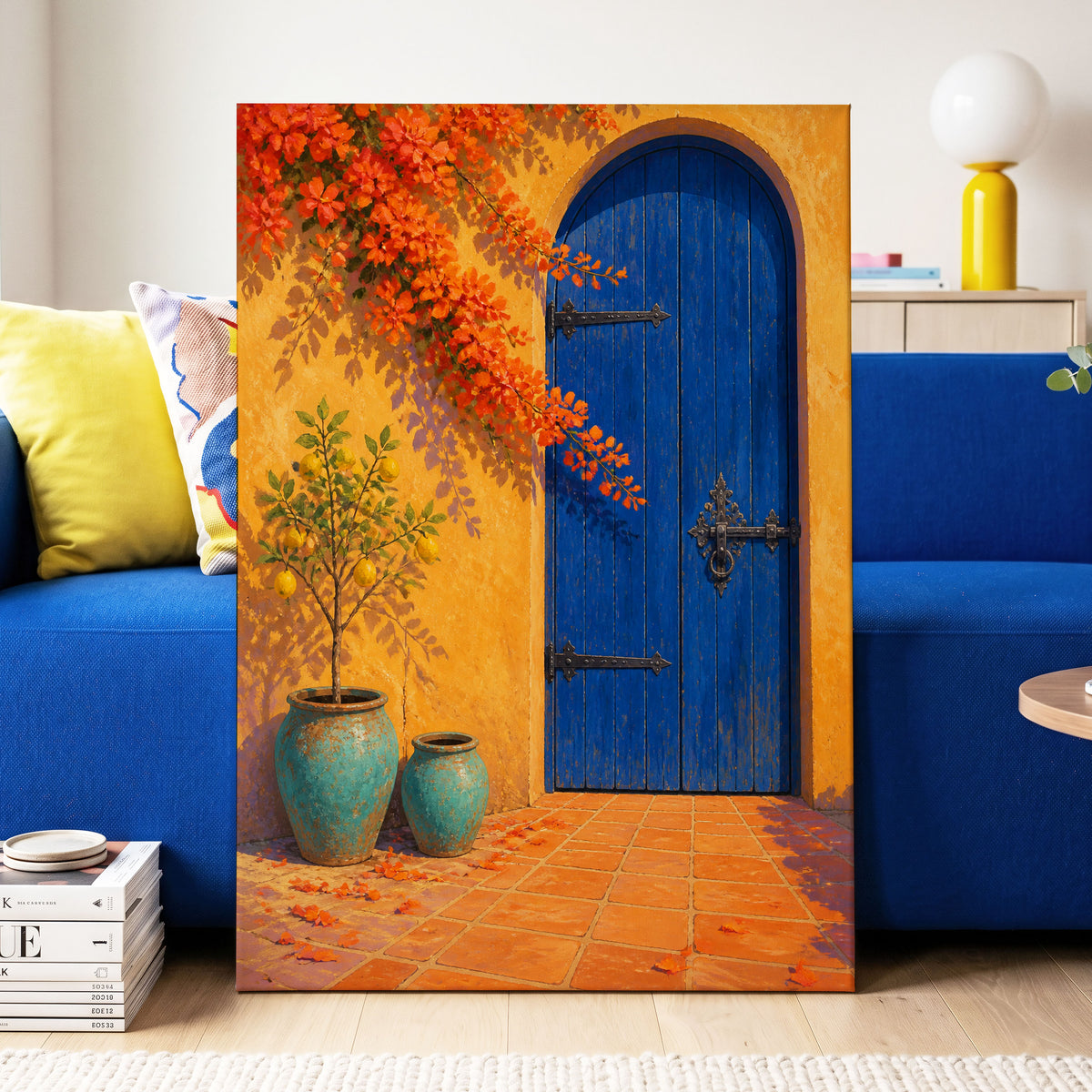 The Cobalt Courtyard, blue, orange, yellow abstract wall art displayed in a styled interior, gallery view 7