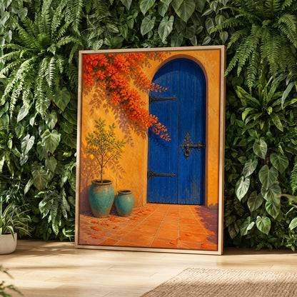 The Cobalt Courtyard, blue, orange, yellow abstract wall art displayed in a styled interior, gallery view 8
