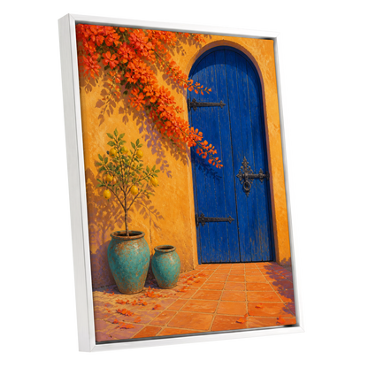 The Cobalt Courtyard, blue, orange, yellow abstract wall art shown as a white framed canvas wall art