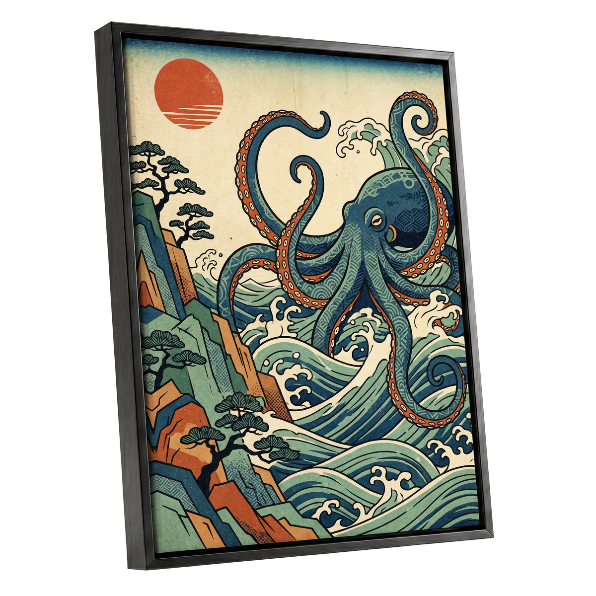 The Coiling Tide, blue, green, beige nature wall art shown as a black framed canvas wall art
