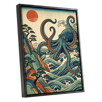 The Coiling Tide, blue, green, beige nature wall art shown as a black framed canvas wall art