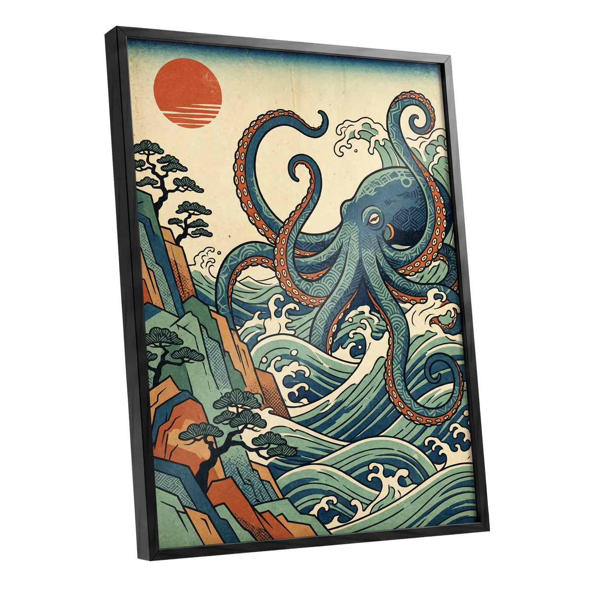 The Coiling Tide, blue, green, beige nature wall art shown as a black framed poster wall art print
