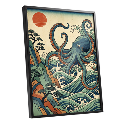 The Coiling Tide, blue, green, beige nature wall art shown as a black framed poster wall art print