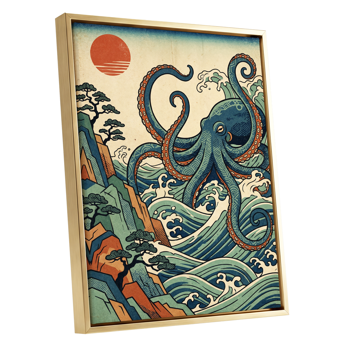 The Coiling Tide, blue, green, beige nature wall art shown as a gold framed canvas wall art