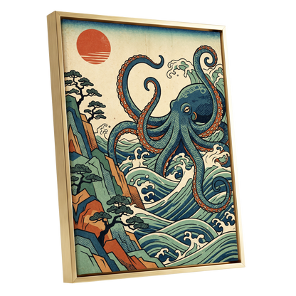 The Coiling Tide, blue, green, beige nature wall art shown as a gold framed canvas wall art