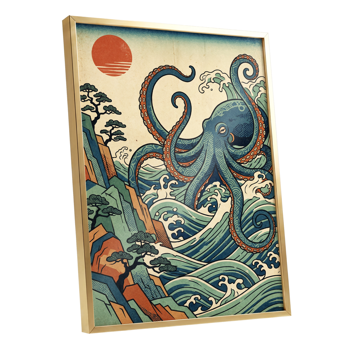 The Coiling Tide, blue, green, beige nature wall art shown as a gold framed poster wall art print