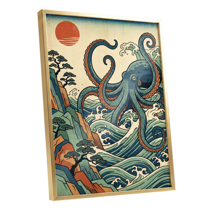 The Coiling Tide, blue, green, beige nature wall art shown as a gold framed poster wall art print
