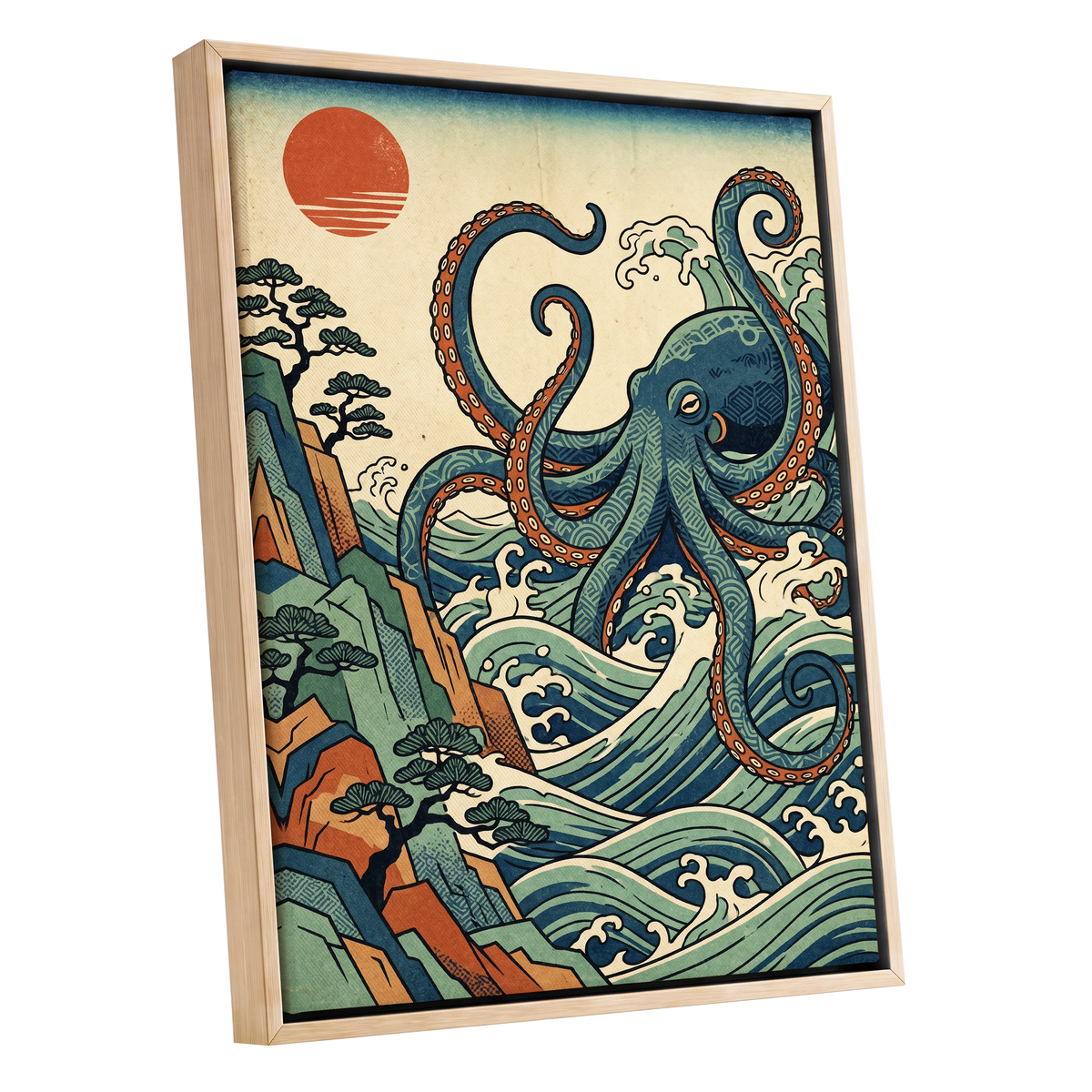 The Coiling Tide, blue, green, beige nature wall art shown as a oak framed canvas wall art