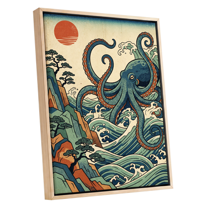 The Coiling Tide, blue, green, beige nature wall art shown as a oak framed canvas wall art