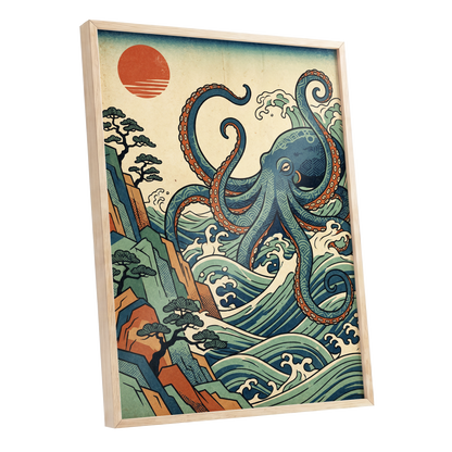 The Coiling Tide, blue, green, beige nature wall art shown as a oak framed poster wall art print