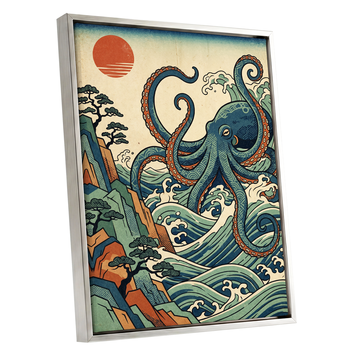 The Coiling Tide, blue, green, beige nature wall art shown as a silver framed canvas wall art