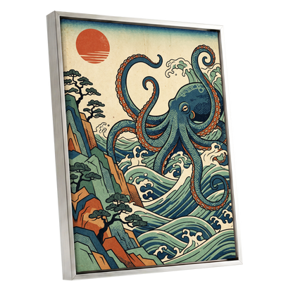 The Coiling Tide, blue, green, beige nature wall art shown as a silver framed canvas wall art