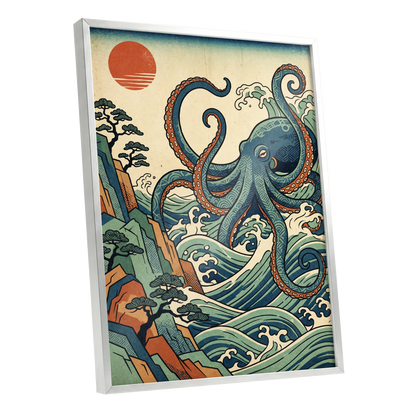 The Coiling Tide, blue, green, beige nature wall art shown as a silver framed poster wall art print