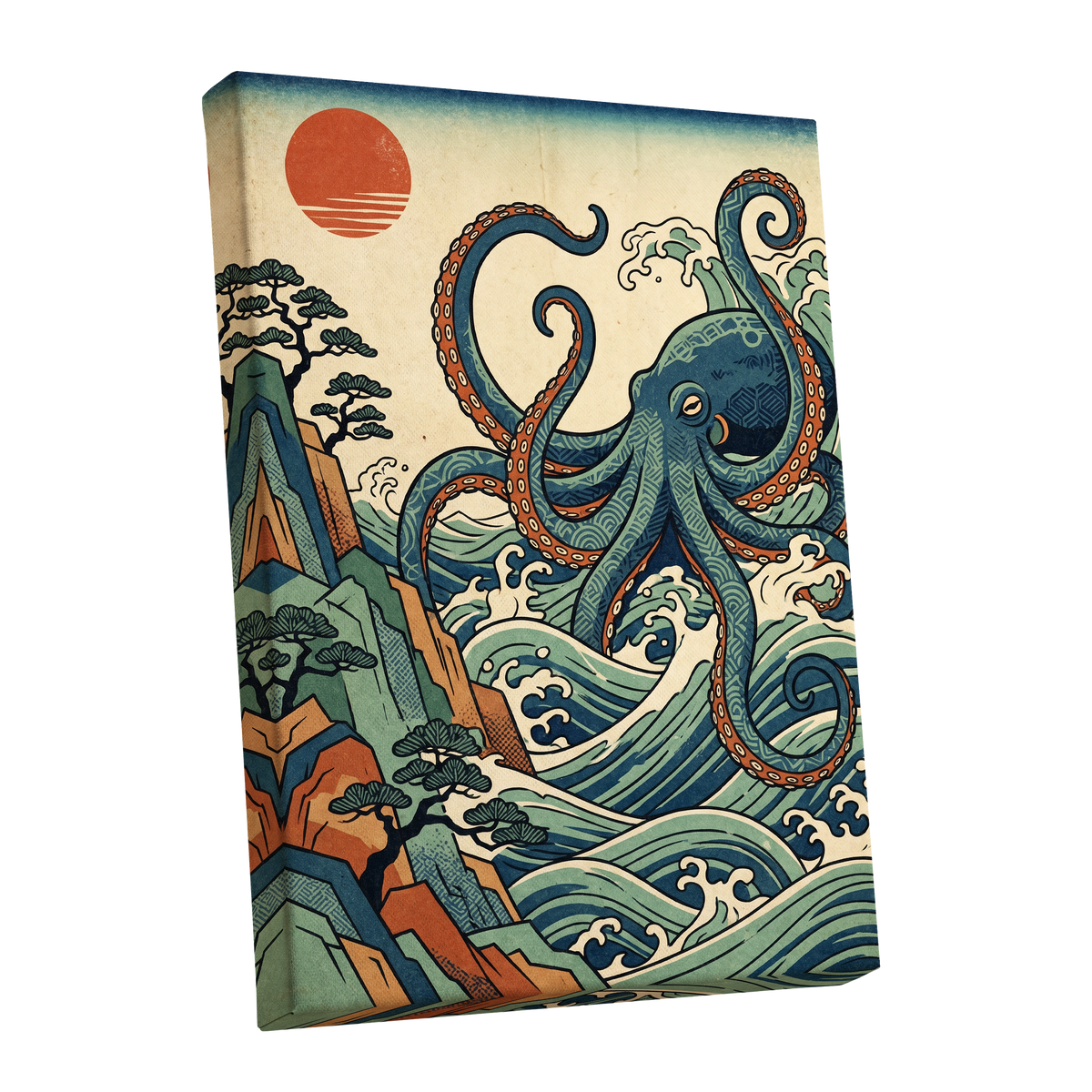 The Coiling Tide, blue, green, beige nature wall art shown as a stretched canvas wall art