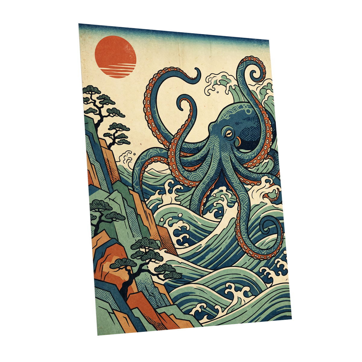 The Coiling Tide, blue, green, beige nature wall art shown as a unframed poster wall art print