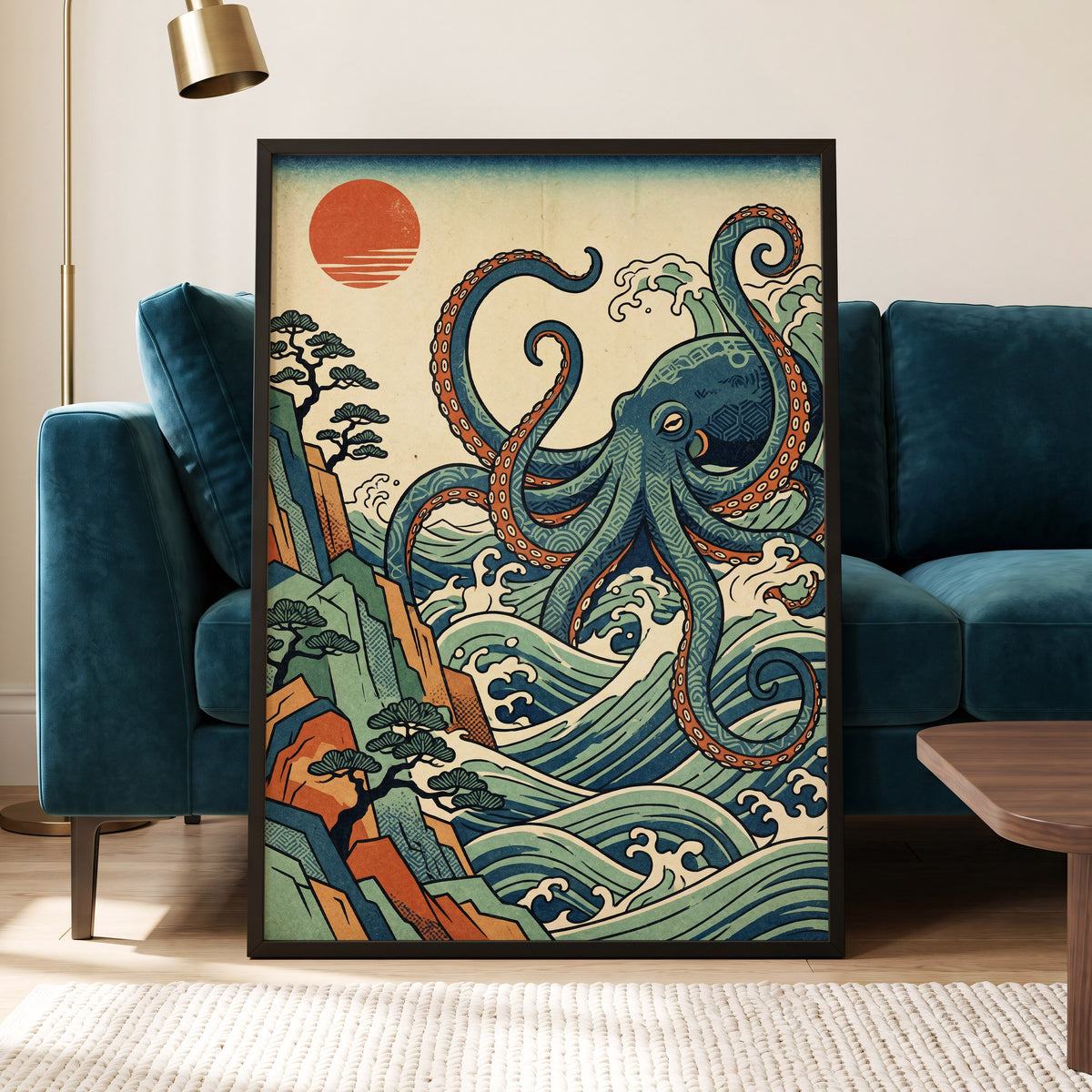 The Coiling Tide, blue, green, beige nature wall art displayed in a styled interior, gallery view 2