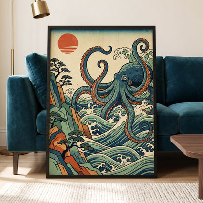 The Coiling Tide, blue, green, beige nature wall art displayed in a styled interior, gallery view 2