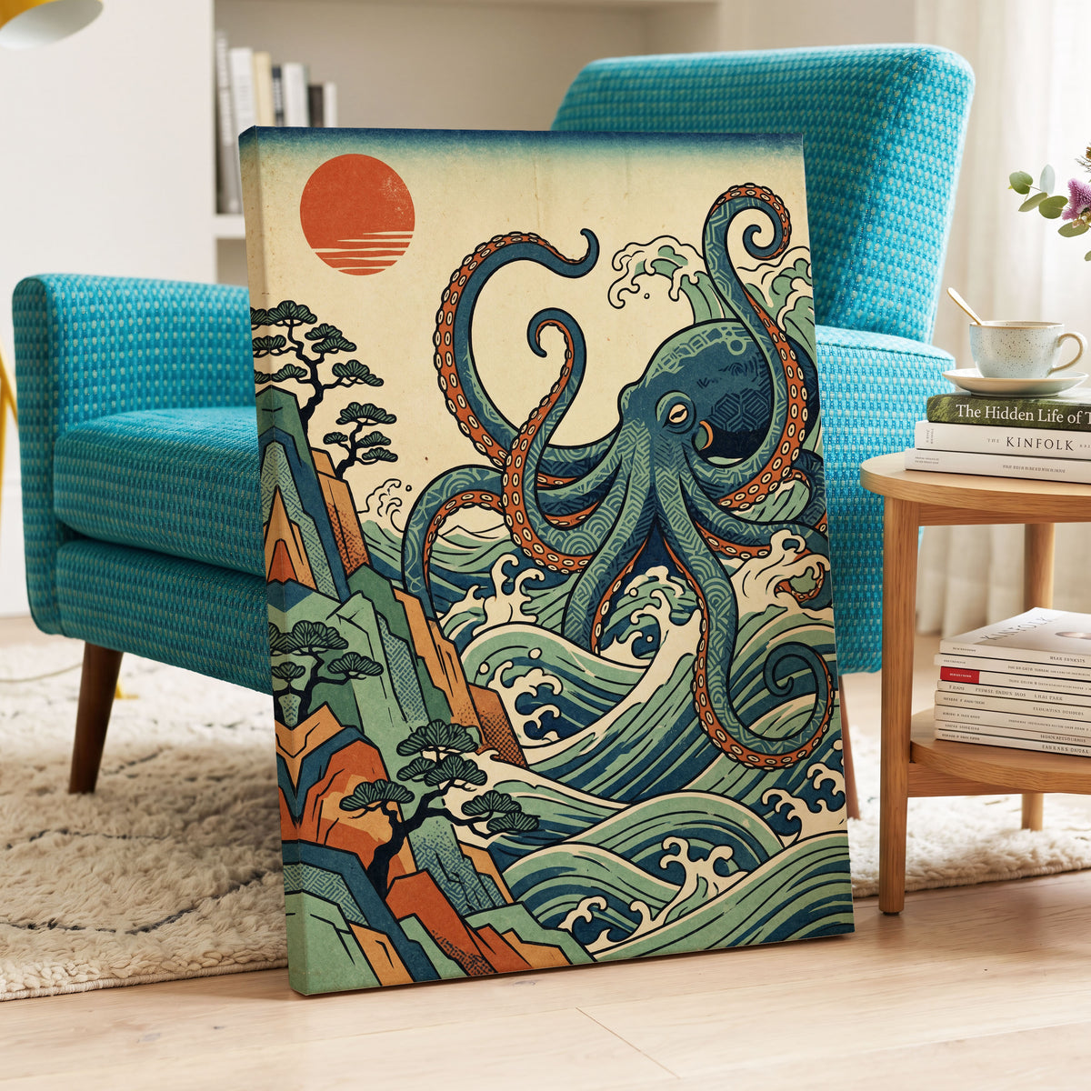 The Coiling Tide, blue, green, beige nature wall art displayed in a styled interior, gallery view 3