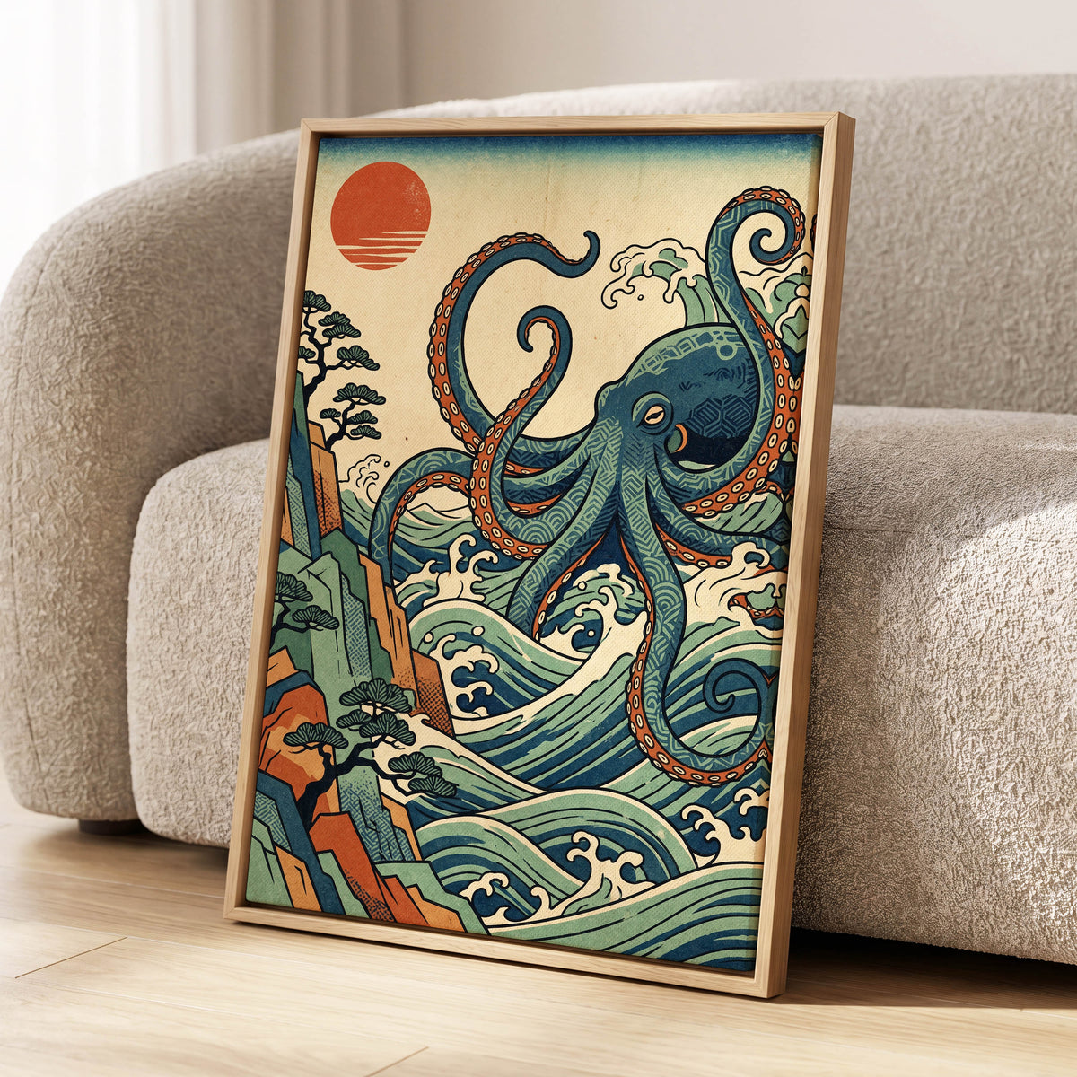 The Coiling Tide, blue, green, beige nature wall art displayed in a styled interior, gallery view 4