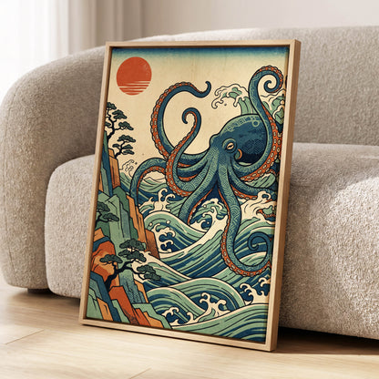 The Coiling Tide, blue, green, beige nature wall art displayed in a styled interior, gallery view 4