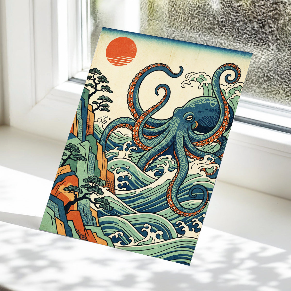 The Coiling Tide, blue, green, beige nature wall art displayed in a styled interior, gallery view 5