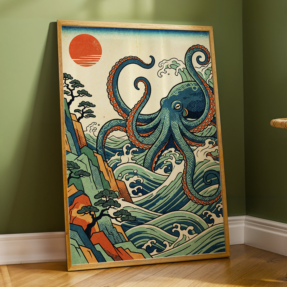 The Coiling Tide, blue, green, beige nature wall art displayed in a styled interior, gallery view 6