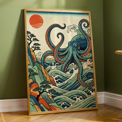 The Coiling Tide, blue, green, beige nature wall art displayed in a styled interior, gallery view 6