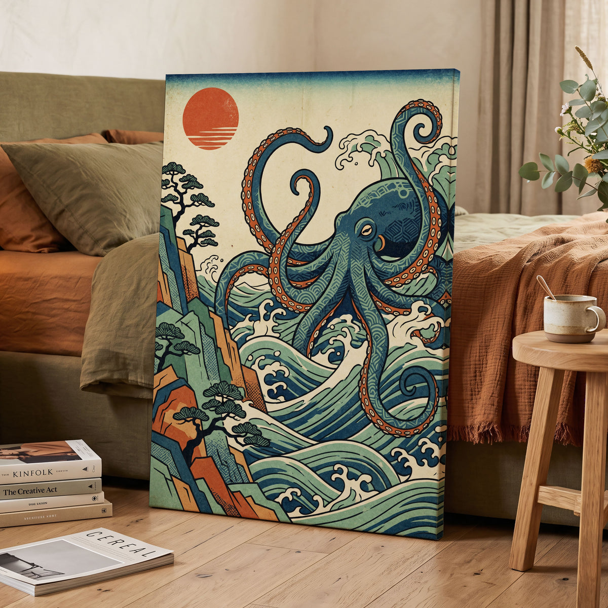The Coiling Tide, blue, green, beige nature wall art displayed in a styled interior, gallery view 7