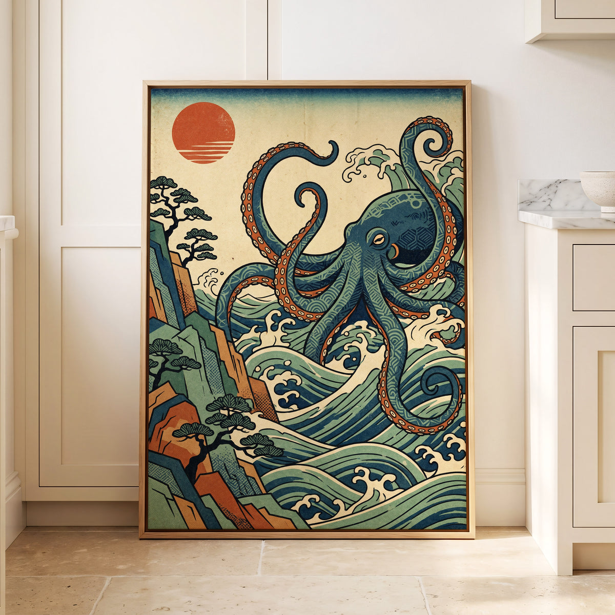The Coiling Tide, blue, green, beige nature wall art displayed in a styled interior, gallery view 8