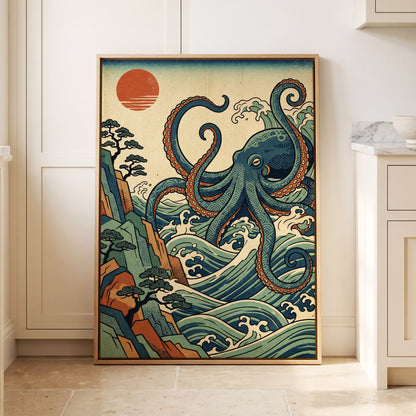 The Coiling Tide, blue, green, beige nature wall art displayed in a styled interior, gallery view 8