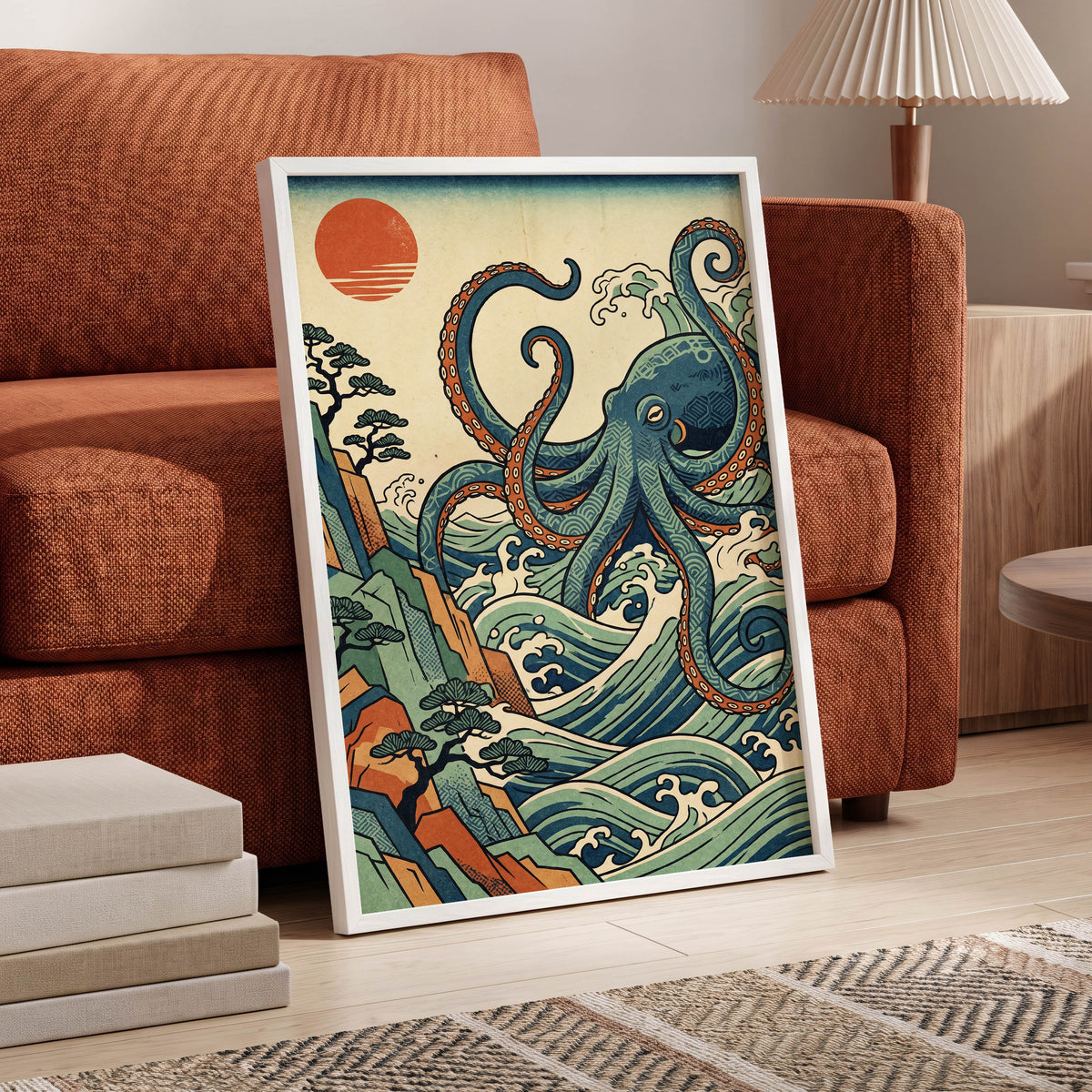 The Coiling Tide, blue, green, beige nature wall art displayed in a styled interior, gallery view 9