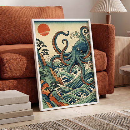 The Coiling Tide, blue, green, beige nature wall art displayed in a styled interior, gallery view 9