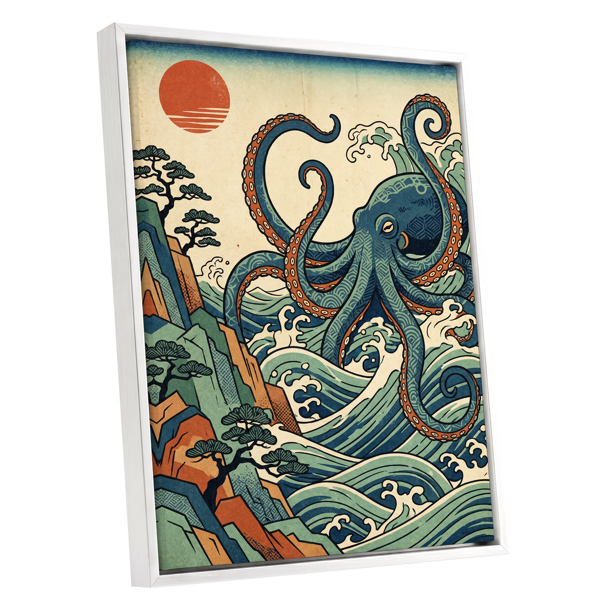 The Coiling Tide, blue, green, beige nature wall art shown as a white framed canvas wall art