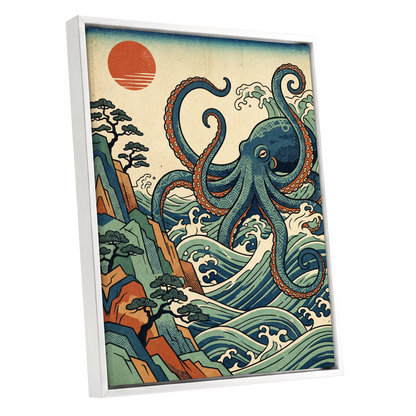 The Coiling Tide, blue, green, beige nature wall art shown as a white framed canvas wall art