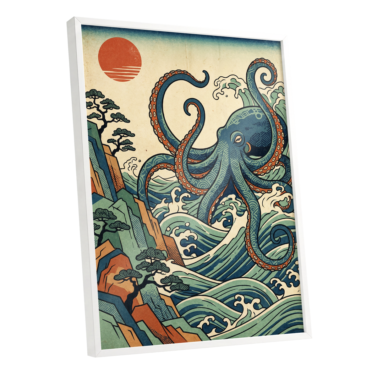 The Coiling Tide, blue, green, beige nature wall art shown as a white framed poster wall art print