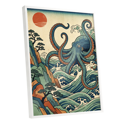 The Coiling Tide, blue, green, beige nature wall art shown as a white framed poster wall art print