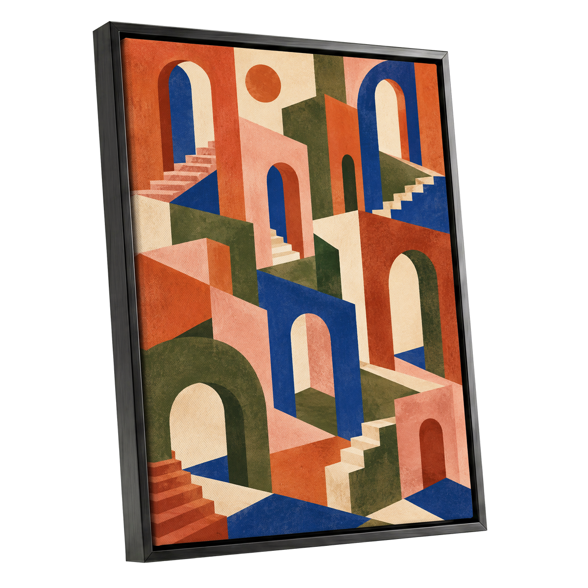 The Colour Arcade, blue, green, orange abstract wall art shown as a black framed canvas wall art