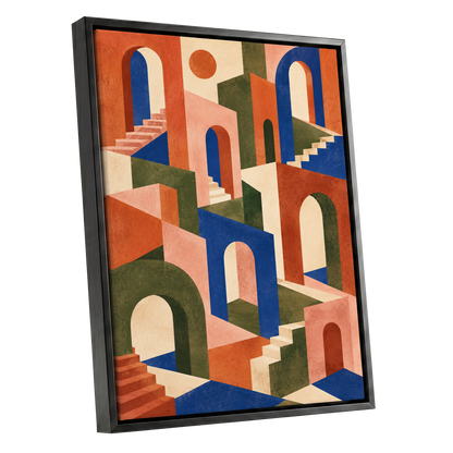 The Colour Arcade, blue, green, orange abstract wall art shown as a black framed canvas wall art
