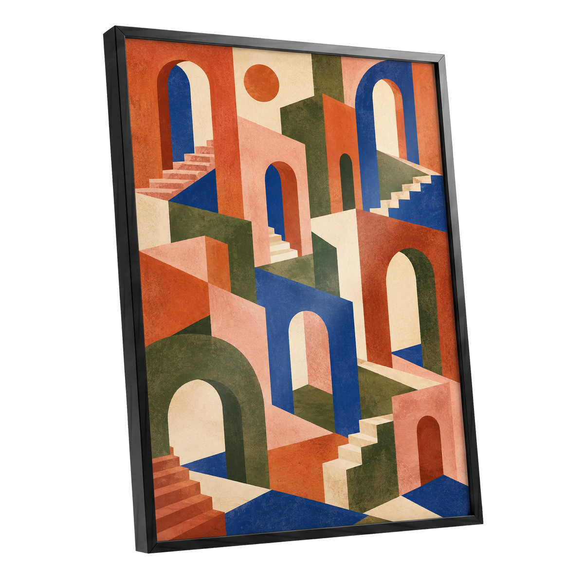 The Colour Arcade, blue, green, orange abstract wall art shown as a black framed poster wall art print