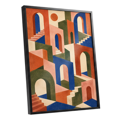 The Colour Arcade, blue, green, orange abstract wall art shown as a black framed poster wall art print