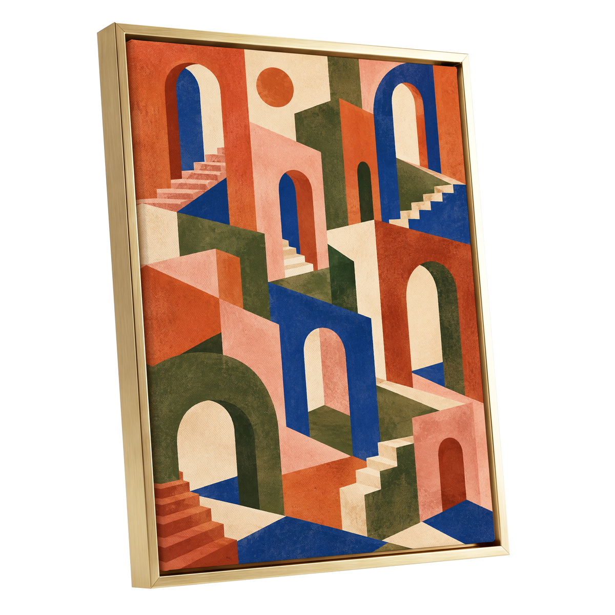 The Colour Arcade, blue, green, orange abstract wall art shown as a gold framed canvas wall art