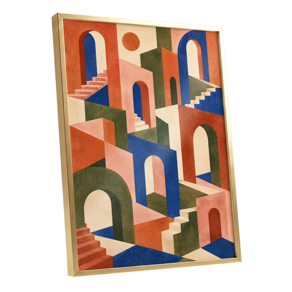 The Colour Arcade, blue, green, orange abstract wall art shown as a gold framed poster wall art print