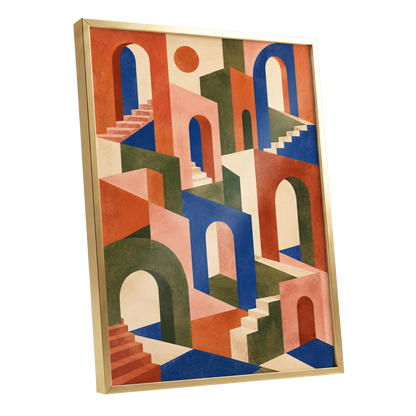 The Colour Arcade, blue, green, orange abstract wall art shown as a gold framed poster wall art print