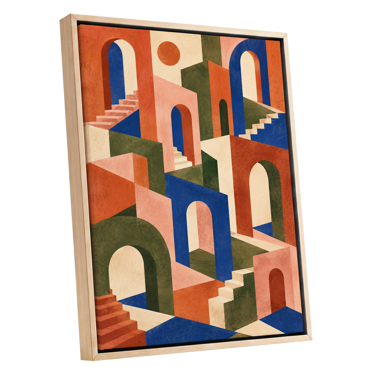 The Colour Arcade, blue, green, orange abstract wall art shown as a oak framed canvas wall art