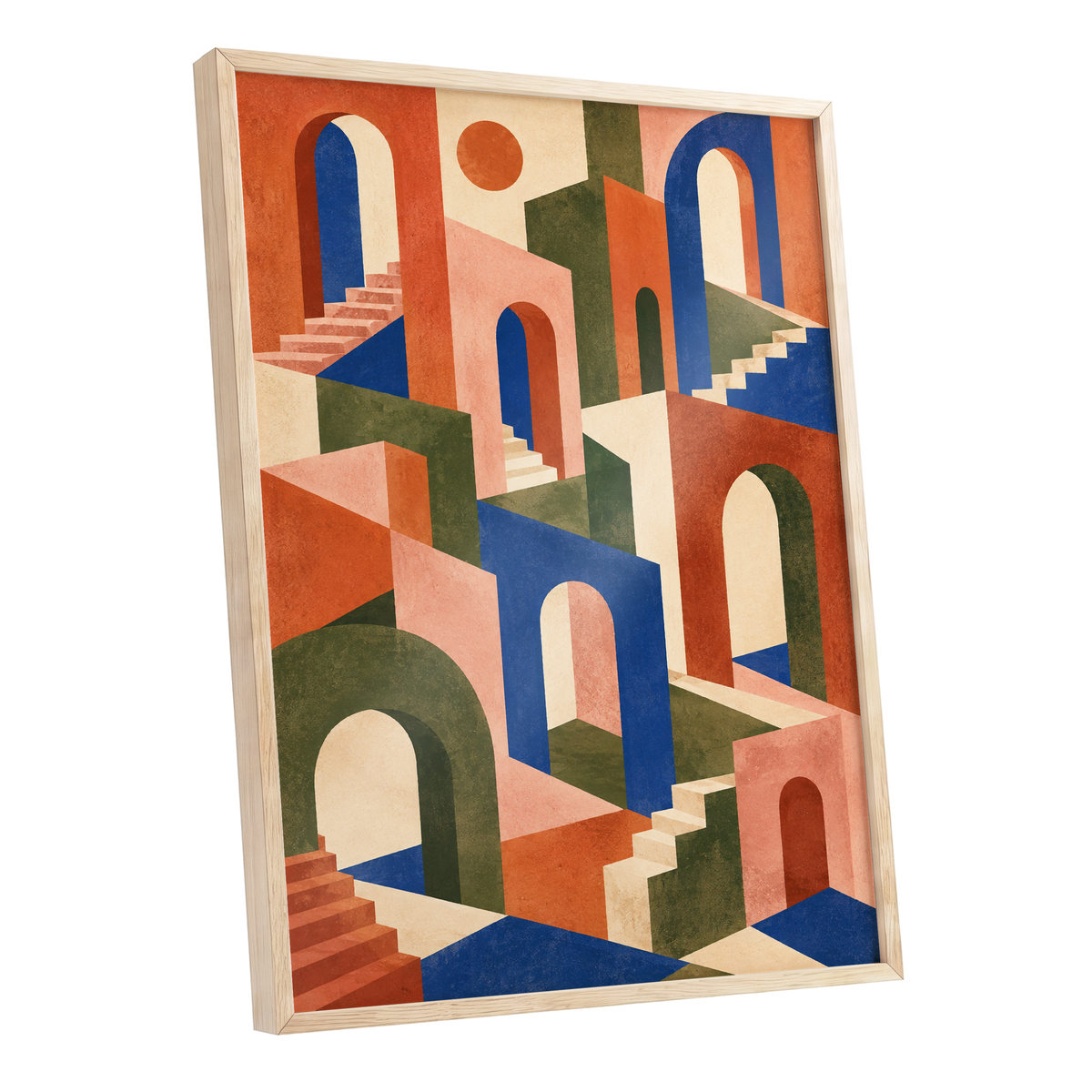 The Colour Arcade, blue, green, orange abstract wall art shown as a oak framed poster wall art print