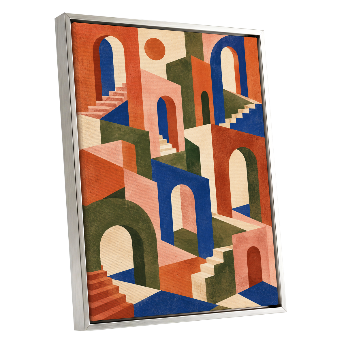 The Colour Arcade, blue, green, orange abstract wall art shown as a silver framed canvas wall art